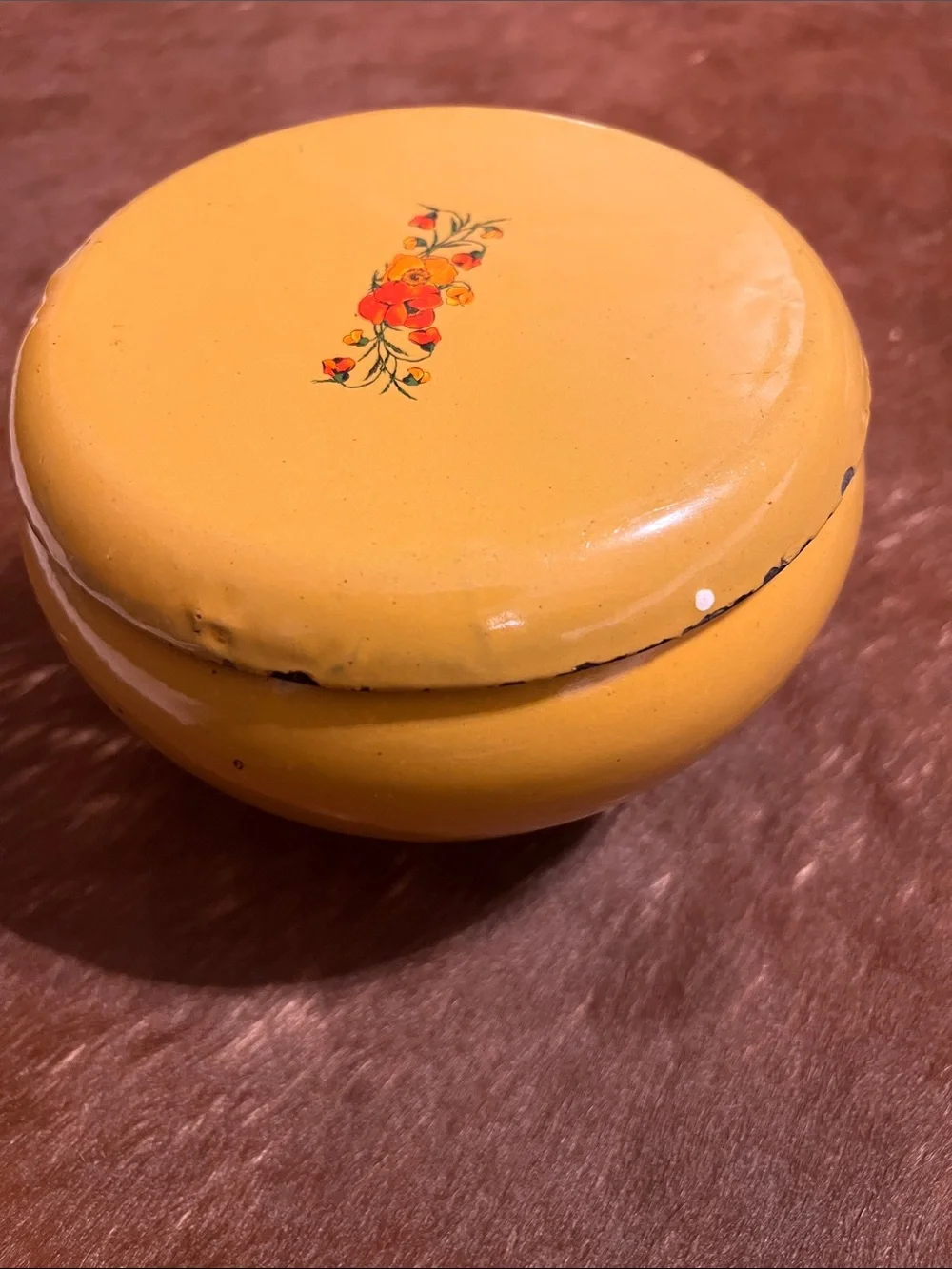 Vintage Yellow Enameled Cast Iron Mini Cauldron Pot with Lid